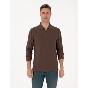 Pierre Cardin Erkek Koyu Kahverengi Slim Fit Kıvrılmaz Fermuarlı Polo Yaka Basic Pike Sweatshirt 50314046-VR084