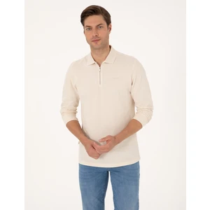 Pierre Cardin Erkek Bej Slim Fit Kıvrılmaz Fermuarlı Polo Yaka Basic Pike Sweatshirt 50314046-VR011