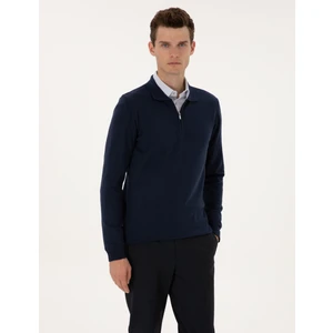 Pierre Cardin Erkek Açık Lacivert Slim Fit Polo Yaka Fermuarlı Basic Triko Kazak 50314191-VR059