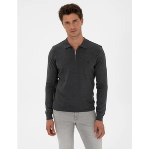 Pierre Cardin Erkek Antrasit Melanj Slim Fit Polo Yaka Fermuarlı Basic Triko Kazak 50314191-VR081