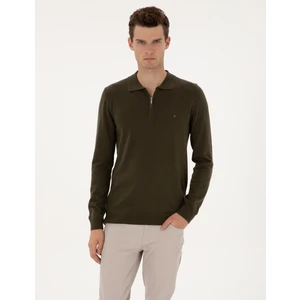 Pierre Cardin Erkek Haki Slim Fit Polo Yaka Fermuarlı Basic Triko Kazak 50314191-VR027
