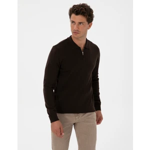 Pierre Cardin Erkek Koyu Kahverengi Slim Fit Polo Yaka Fermuarlı Basic Triko Kazak 50314191-VR084