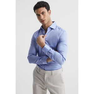 Erkek Mavi %100 Pamuk Saten Non-Iron Ütü Istemeyen Casual Cepsiz Modern Fit Gömlek