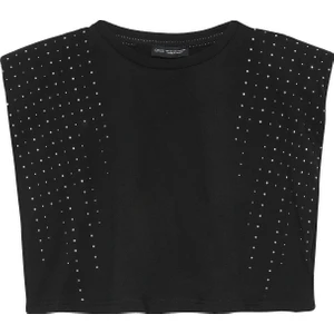 Taş Detaylı Vatkalı Crop Tişört Siyah