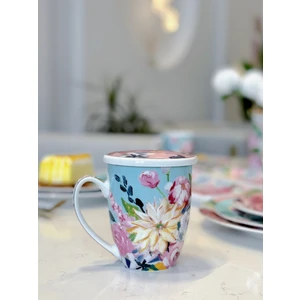 Peony Desenli Bone China Porselen Kapaklı ve Süzegçli Kupa 570 ml
