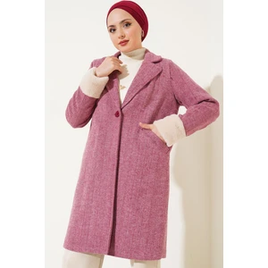 Kadın BDART Şal Yaka Kaşmir-Akrilik Herringbone Desenli Kaban Red
