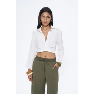 Beli Lastikli Crop Gömlek Beyaz