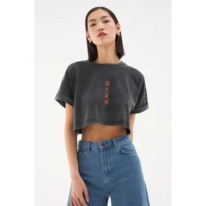 Sırt Baskılı Crop Tişört Antrasit