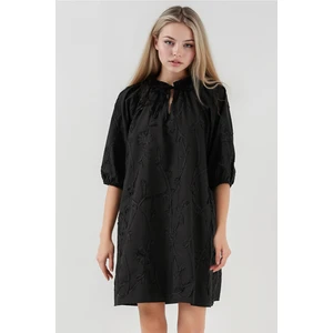 Kadın BDART Bağcıklı Dantel İşlemeli Mini Elbise Siyah