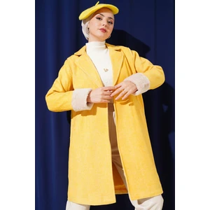 Kadın BDART Şal Yaka Kaşmir-Akrilik Herringbone Desenli Kaban Limon Sarısı