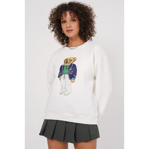 Kadın BDART Oversized Baskılı Düz Crew Neck Sweatshirt, Nakışlı Beyaz