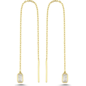 925 Ayar Gümüş Gold Kaplama Minik Baget Taşlı Zincir Küpe