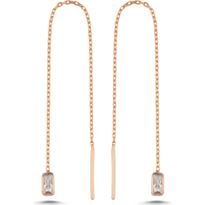 925 Ayar Gümüş Rose Kaplama Minik Baget Taşlı Zincir Küpe