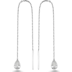 925 Ayar Gümüş Rodyum Kaplama Minik Damla Taşlı Zincir Küpe