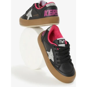 Çocuk Unisex Siyah Gümüş Termo Taban Yıldız Detaylı Bağcıklı ve Cırtlı Spor Ayakkabı