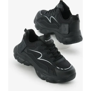 Kadın Siyah Yüksek Eva Faylon Taban Nefes Alabilen Kumaş Desenli Bağcıklı Spor Ayakkabı