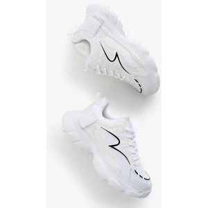 Kadın Beyaz Siyah Yüksek Eva Faylon Taban Nefes Alabilen Kumaş Desenli Bağcıklı Spor Ayakkabı