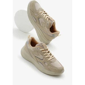 Erkek Bej Faylon Taban Nefes Alabilen Kumaş Reflektörlü Dalgalı Desenli Spor Ayakkabı