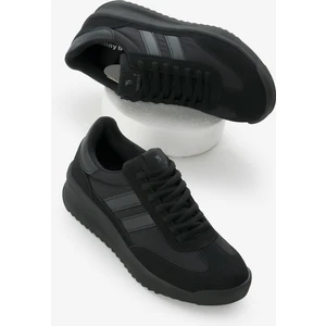 Unisex Siyah Termo Taban Çift Şeritli Bağcıklı Spor Ayakkabı