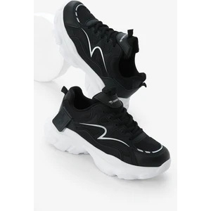 Kadın Siyah Beyaz Yüksek Eva Faylon Taban Nefes Alabilen Kumaş Desenli Bağcıklı Spor Ayakkabı