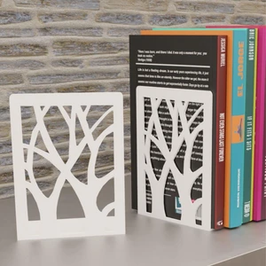 Beyaz Ağaç Desenli Metal Kitap Desteği - Kitap Tutucu - Ev ve Ofis Dekoratif Aksesuar 2'li Set