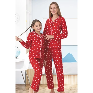 Anne Kız Pijama Takımı Beyaz Kalp Desenli Kırmızı