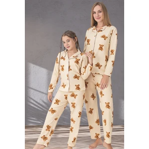 Anne Kız Kombini Ayıcık Desenli Gömlek Yaka Pijama Takımı
