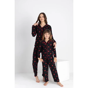 Anne Kız Kırmızı Kalp Desenli Süet Pijama Takımı