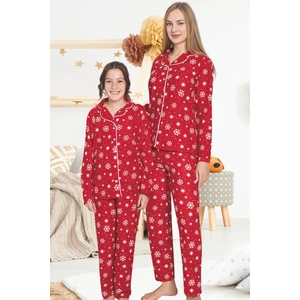 Anne Kız Kırmızı Pijama Takımı - Kar Temalı