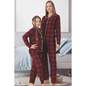 Anne Kız Kareli Ekose Desenli Süet Pijama Takımı