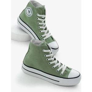 Kadın Mint Yeşili Termo Kalın Taban Bağcıklı Uzun Keten Spor Ayakkabı