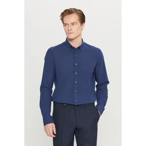 Altınyıldız Classics Erkek Lacivert Slim Fit Düğmeli Yaka Keten Görünümlü %100 Pamuk Flamlı Gömlek