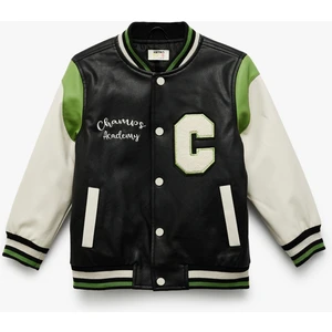 Bomber Kolej Ceket Deri Görünümlü Aplike Detaylı Cepli