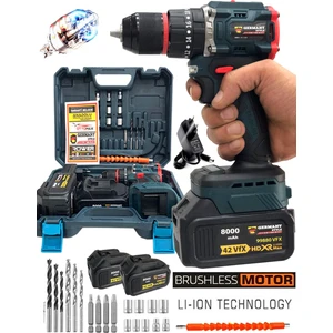 Germany Style Pro Çift Akülü Vidalama Çelik Mandren Kömürsüz Motor Darbeli Şarjlı Matkap Seti