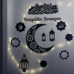 Hoşgeldin Ramazan LED Işıklı Ahşap Duvar Süsü | Ay Yıldız ve Dini Figürlerle Dekorasyon