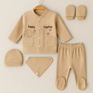 Unisex Bej Happy Together Nakışlı 5'li Hastane Çıkışı