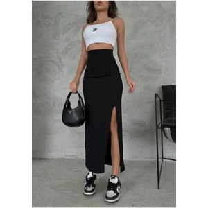 Kadın Kalem Etek Esnek Dalgıç Kumaş Midi Boy Beli Lastikli Siyah Günlük Stil