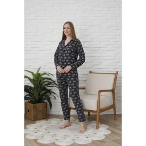 Uzunkol Düğmeli Penye Pijama Takımı Kalpli
