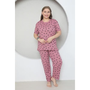 Büyük Beden Pudra Küçük Kalp Desenli Pijama Takım
