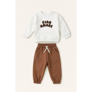 Bebek Pamuklu Beyaz Ciao Amore Sweatshirt ve Kahve Eşofman Takım - Konforlu Günlük Stil