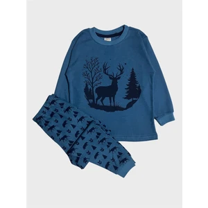 Erkek Çocuk %100 Pamuklu Petrol Yeşili Geyik Desenli Uzun Kollu Pijama Takımı