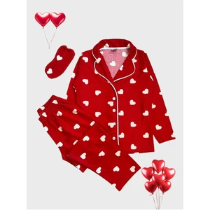 Kız Çocuk Pamuklu Süet Kumaş Kırmızı Kalp Desenli Gömlek Yaka Düğmeli Uyku Gözlüklü Pijama Takımı