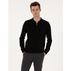 Pierre Cardin Erkek Siyah Slim Fit Polo Yaka Fermuarlı Basic Triko Kazak 50314191-VR046