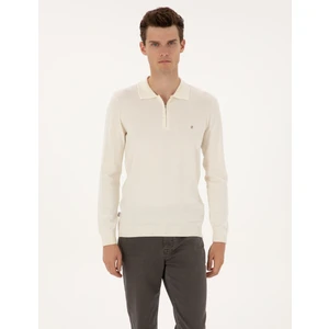 Pierre Cardin Erkek Ekru Slim Fit Polo Yaka Fermuarlı Basic Triko Kazak 50314191-VR019
