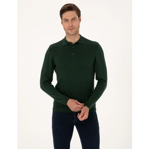 Pierre Cardin Erkek Koyu Yeşil Slim Fit Polo Yaka Basic Triko Kazak 50314189-VR079