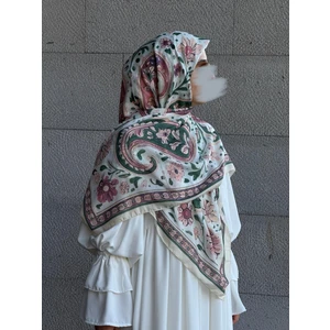 Pamuklu Flora Desen Eşarp-Krem