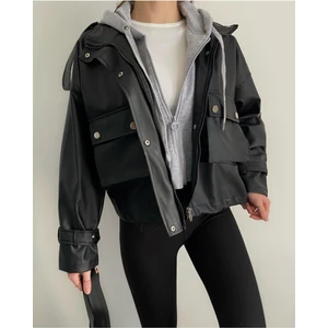 Gri Kapüşonlu Deri Ceket