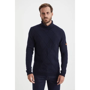 Baklava Desenli Boğazlı Lacivert Kaşmir Yün Kazak