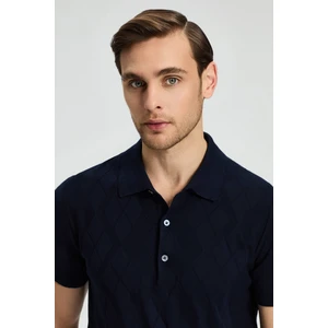 Baklava Desenli Giza Pamuk Lacivert Triko Polo