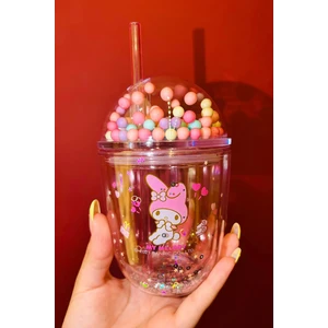 Sanrio Lisanslı Boncuklu Kapaklı Pipetli Plastik Şişe 435 ml - My Melody